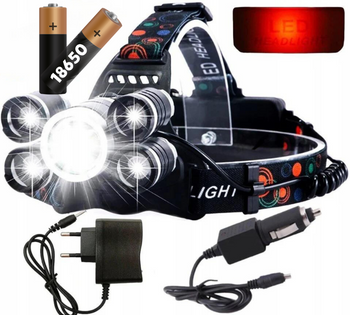 Latarka Czołowa Czołówka LED 5xLED Akumulatorowa Mocna 2x 18650 USB 4 tryby