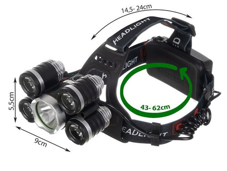 Latarka Czołowa Czołówka LED 5xLED Akumulatorowa Mocna 2x 18650 USB 4 tryby
